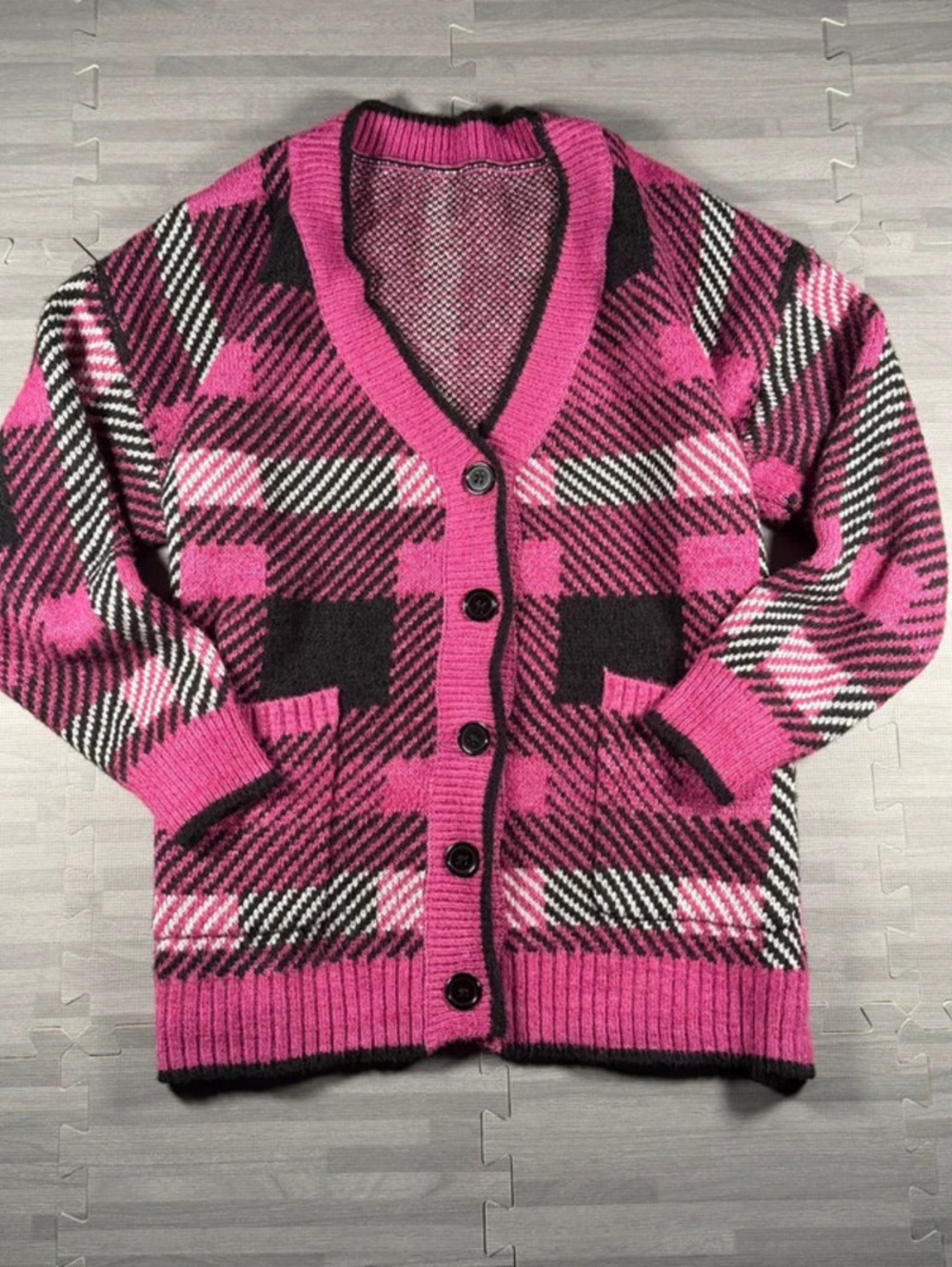 V neck button down pink plaid cozy cardigan sweater